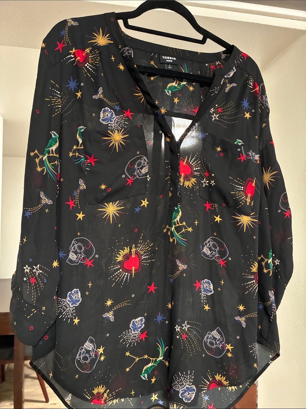 Torrid Black Sheer Blouse with Multicolor Cosmic Heart & Skull Print